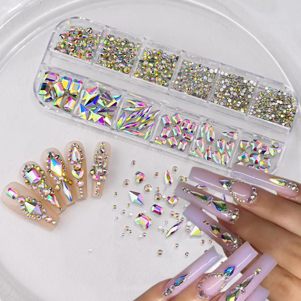 12 griglie 3D AB Nail Art strass misto rotondo cuore goccia forma quadrata vetro diamante pendenti per unghie artigianato fai da te accessori per manicure
