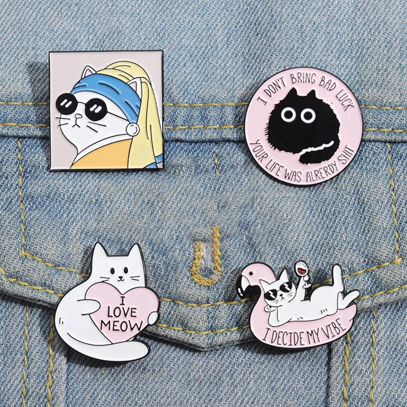 Painting Good Vibe Pines Lapel Badges Cartoon Animal Fun Jewelry Gift Friends I Love Meow Enamel  Brooch Custom Oil