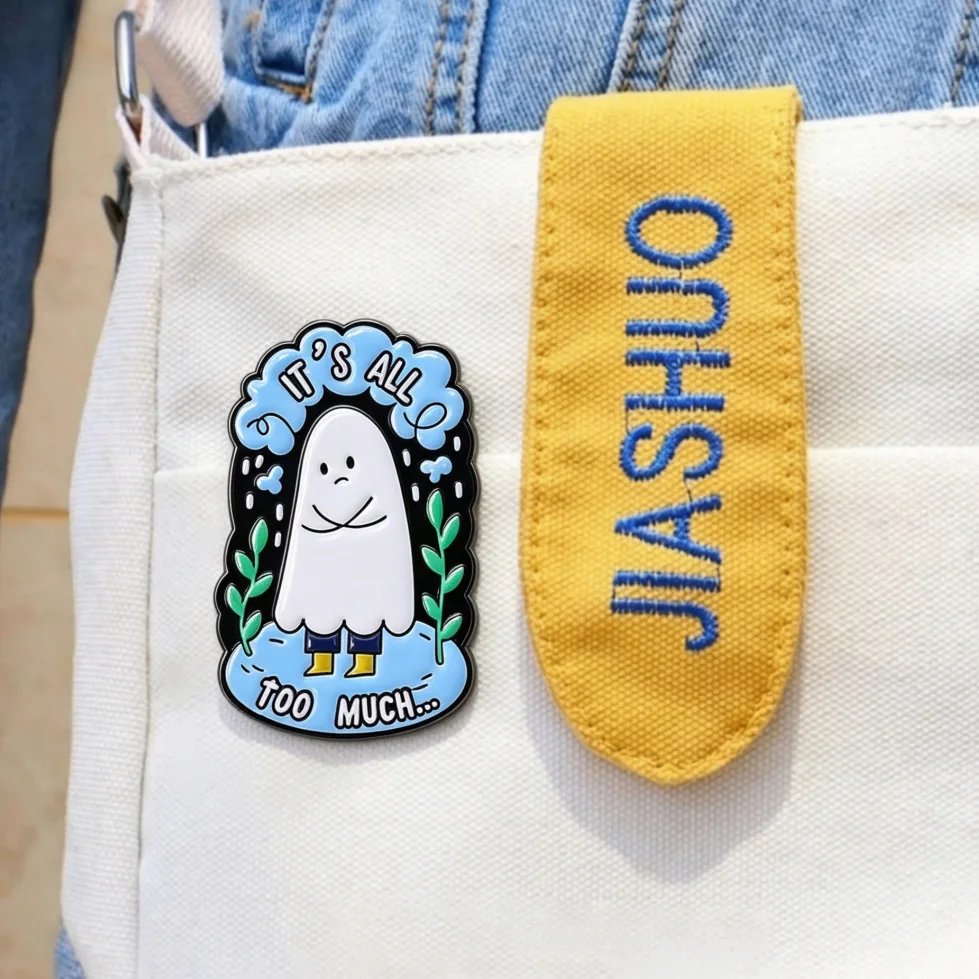 It's All Too Much Sad Ghost Enamel Lapel Pin Moody Rainy Scene Cartoon Ghost Emotional Slogan MetalBadgeGothicBackpackDecor Gift