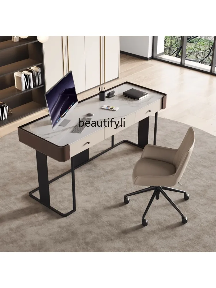 Italian-Style Light Luxury Saddle Leather Desk Modern Minimalist Bedroom Study Desk Desk Bright Stone Plate Computer Desk