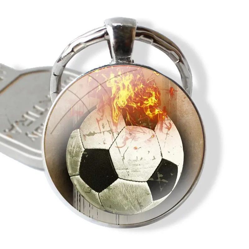 Glass Metal Pendant Key Chain Classic Men Women Key Ring Accessories Jewelry Gifts Fire Football Soccer ball