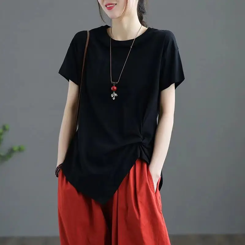 Fashion O-Neck Loose Folds Shirring T-Shirt Female Clothing 2023 Summer New Oversized Casual Pullovers Tops Irregular Tee Shirt