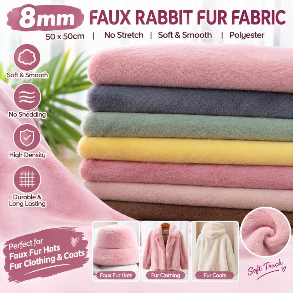 Emulation Rabbit Fur 8mm Fur Fabric Non-Elastic Polyester Fiber Soft Solid Color 50x50cm DIY Plush doll Sewing Fur Hat Fabric