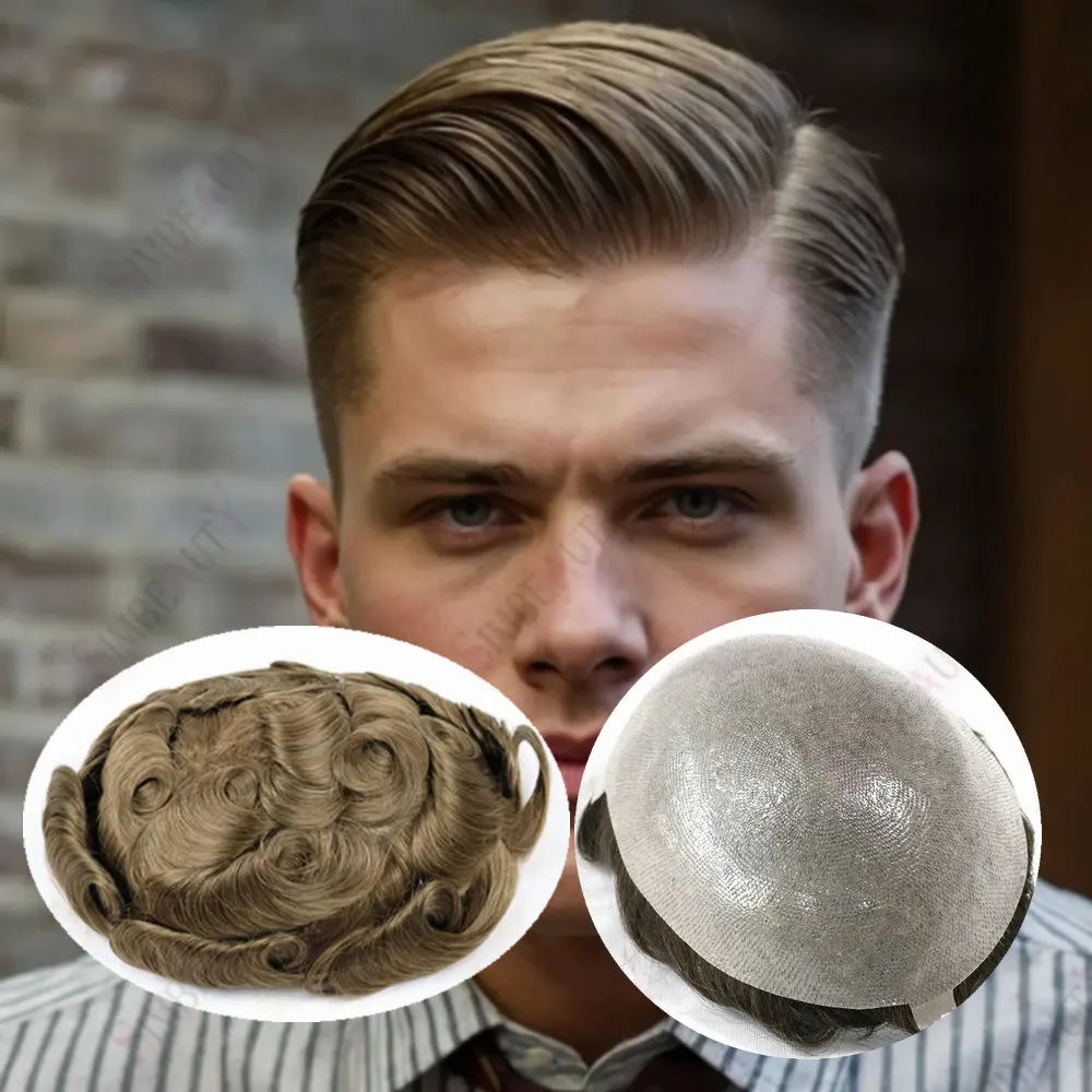 

Мужской ультратонкий парик-накладка 0.06 мм с натуральной линией роста волос, темно-русый/серый, из человеческих волос, незаметный, для маскировки седины