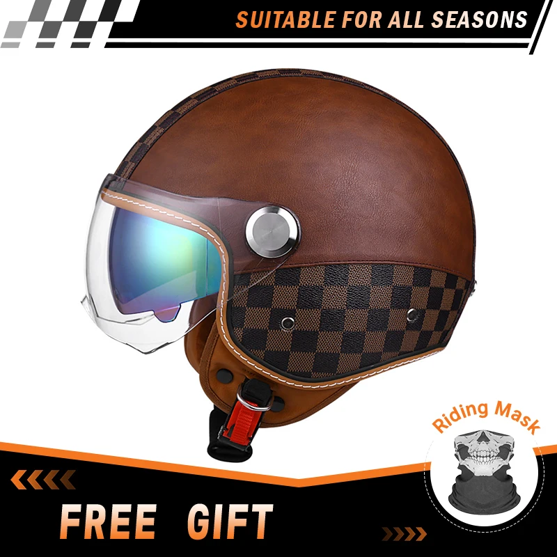 Double Visor Open Face Motorcycle Helmets Dual Lens White Grid Leather Vintage Jet Helmet Retro 3/4 Open Half Helmet with Inner