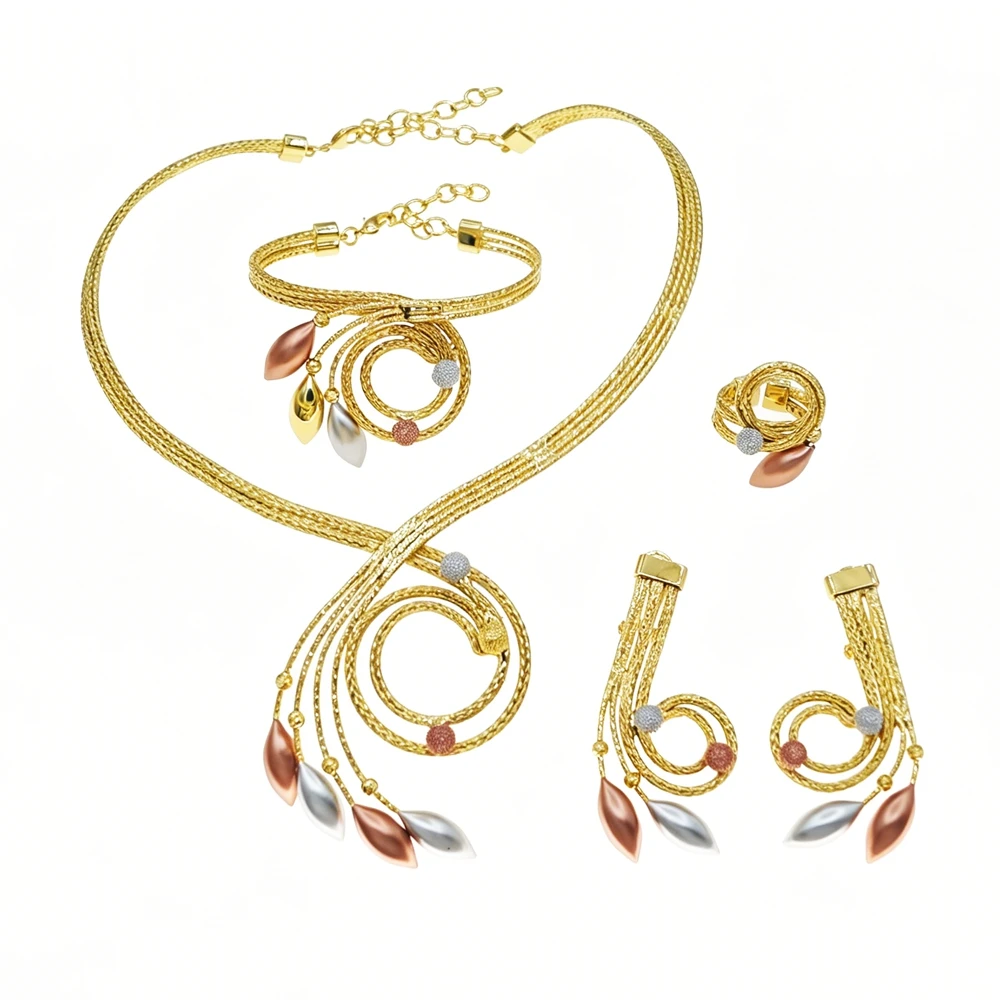Brazilian Gold Plated Tri-Color Mesh Chain Jewelry Set Spiral Circle Teardrop Leaf Pendant Full Statement Wedding Jewelry Set