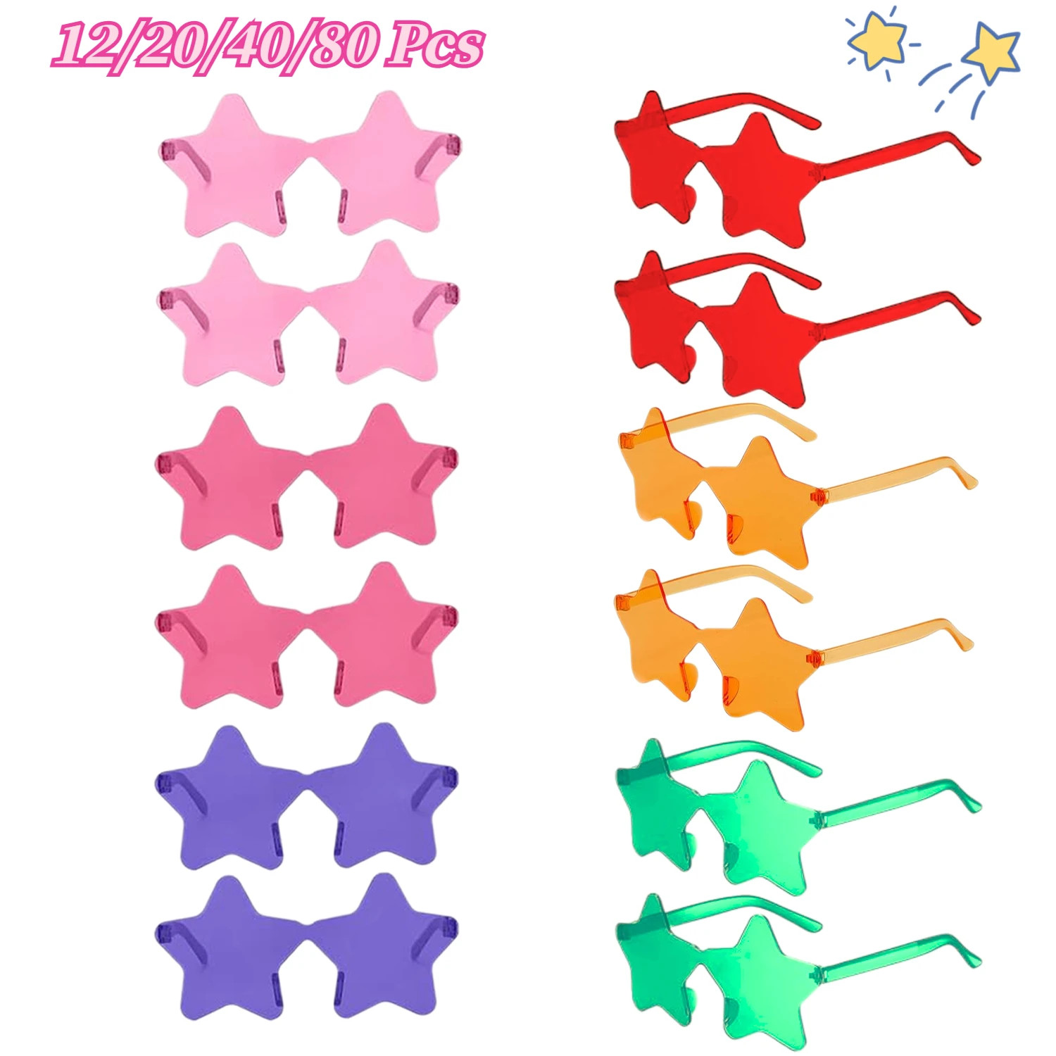 12-80Pcs Star Shaped Rimless Sunglasses Candy Colorful Sunglasses Fashion Frameless Funny Glasses for Xmas Halloween Party Favor