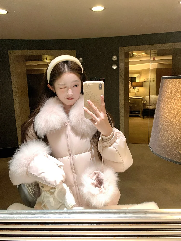 

Розовая женская зимняя куртка с меховым воротником, утепленная, на молнии, теплая, пушистая, с наполнителем из белого пуха Du Duling