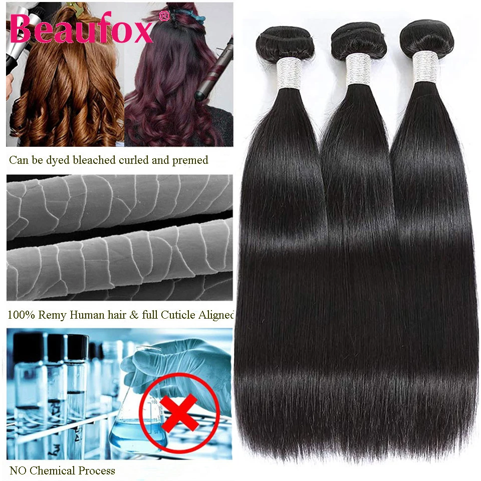 Beaufox-extensiones de cabello humano liso de 32 pulgadas, mechones de cabello indio tejido, Remy, Natural y negro azabache, 1/3/4 piezas