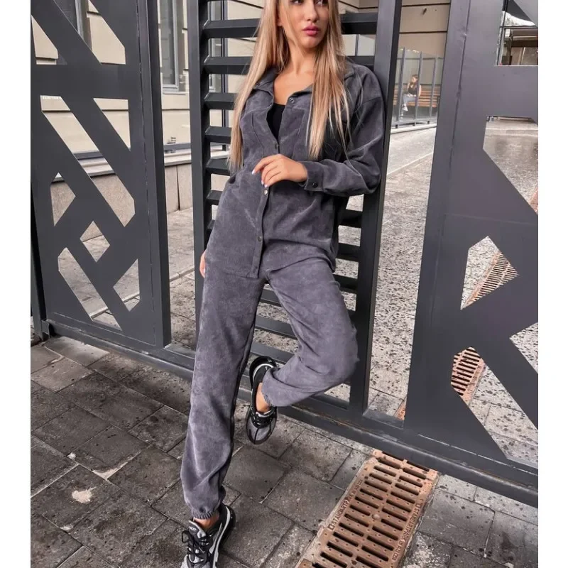 autumn Warm velvet matching sets Women Tracksuit Two Pieces Set Long Sleeve shirts  Blouses Pockets Pencil Pants Casual Slim Fit