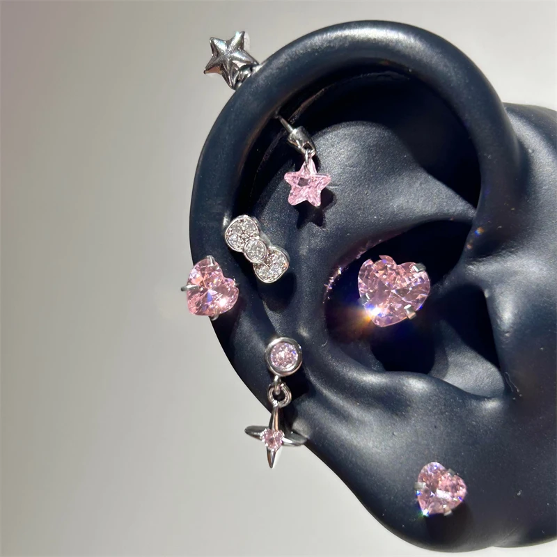 1pcs Shiny Pink Star Love Heart Zircon 316L Stainless Steel Ear Bone Nail for Women NEW Cute Earring Cochlea Puncture Accessorie