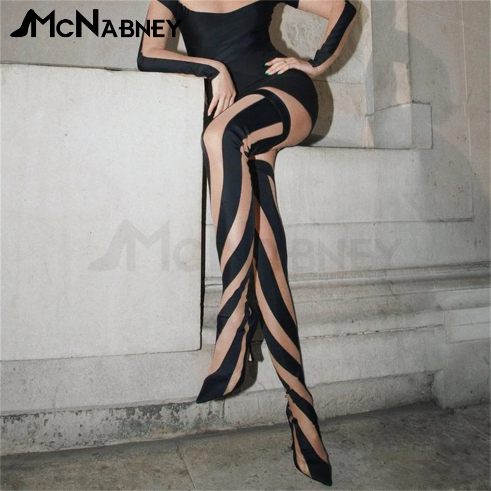 Mesh Stripe Sexy Knee Boots Multicolor Sock Boots Pointed Toe Super High Heels Women Novel Design Luxury Night Club Party Boots