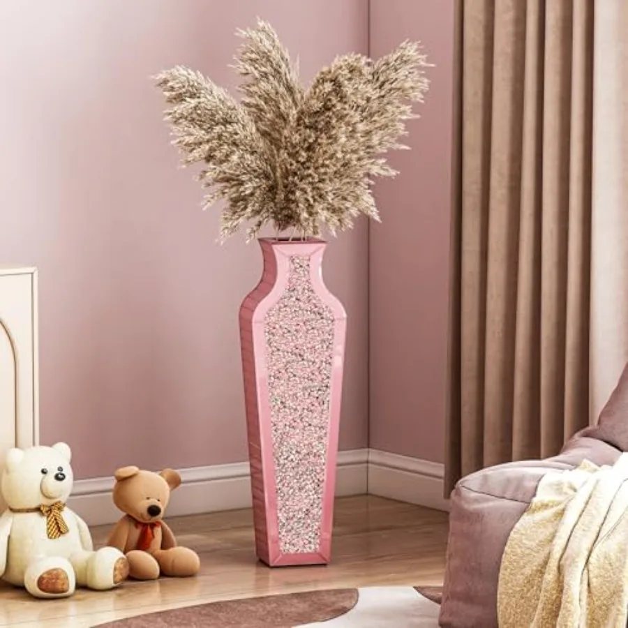 Living room bedroom decorative floor vase crushed diamond mirror glass pink 26.8 tall for dried flower arrangements not for wat