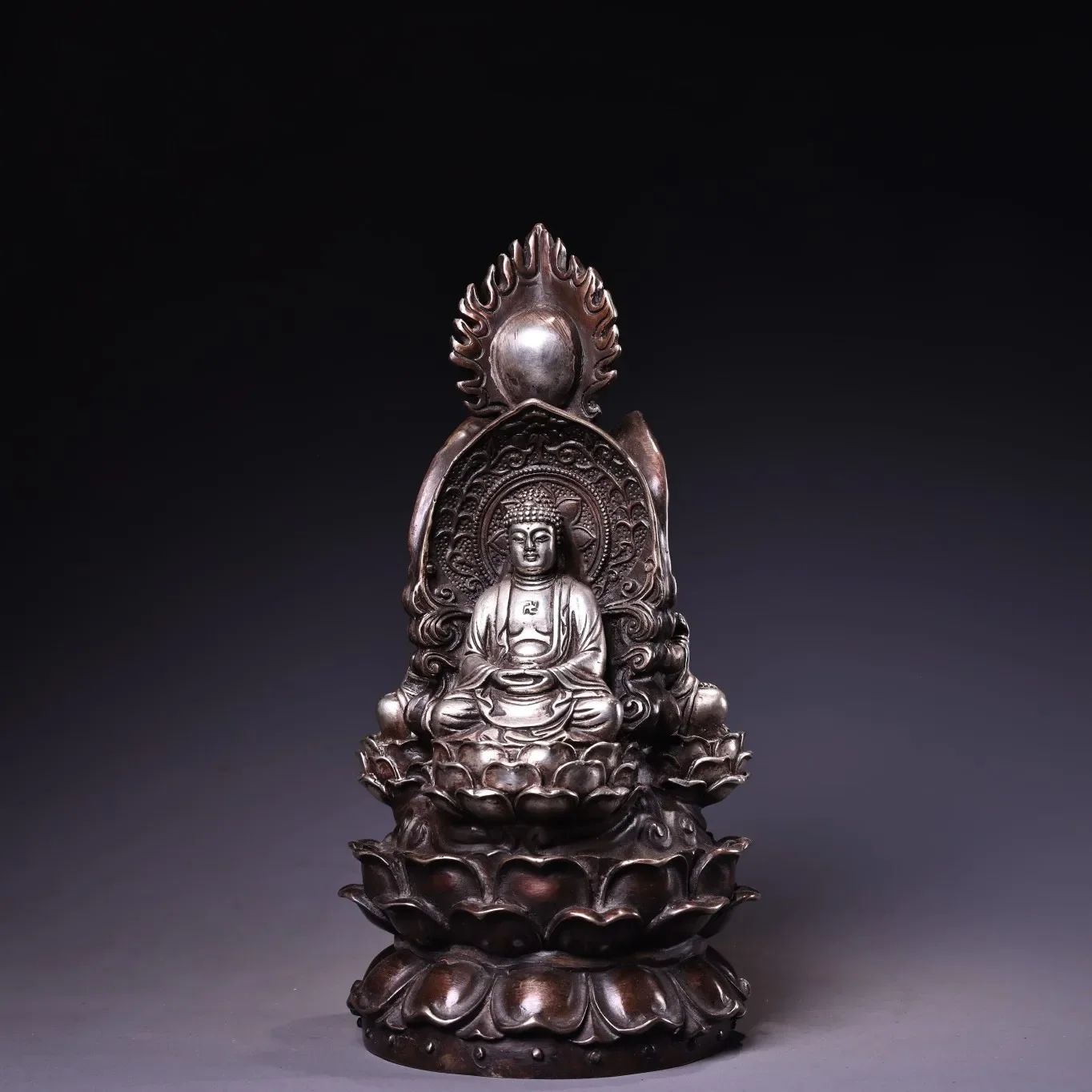 

9"Tibetan Temple Collection Old Bronze Gilded Silver High Relief Three-faced Buddha Three Saints West Shakyamuni Guanyin Buddha