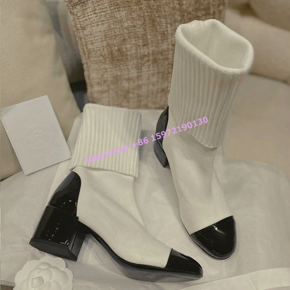 

Black White Sock Boots Patchwork Elastic Round Toe Chunky Heels Slip On Elastic Knee High Boots Leisure Concise Boots 2025