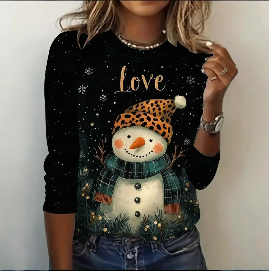 Funny Santa Print Tops Women\'s Long Sleeve T-Shirt Casual Holiday 2024 New Fashion Clothing Snowman Loose Christmas Day Clothing