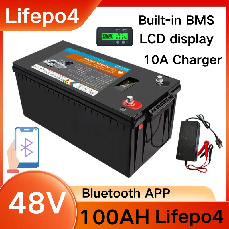 48V 100AH LiFePO4 Battery with BMS for Tricycle Golf Cart Inverter Solar Energy Storage Scooter +58.4V 10A Charger