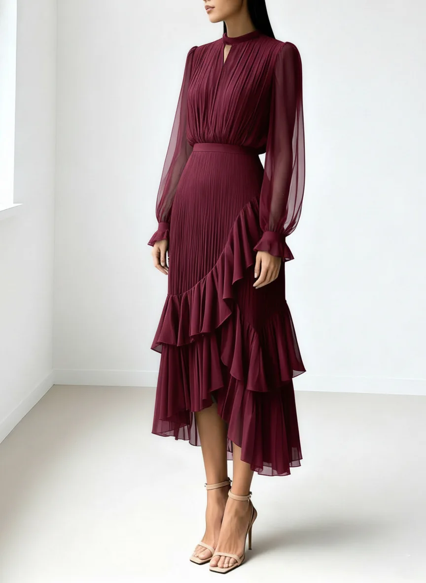 LGRQ 2026 Summer New Solid Color High Waist Dress With Ruffled Hem And Pleats Mid-Length Party Evening Gown