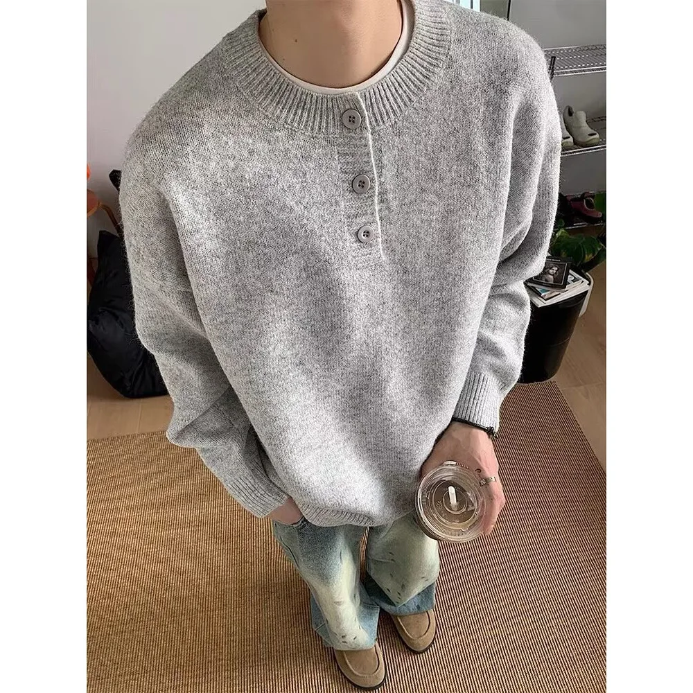 Autumn and winter new crew neck Henry neck sweater men's trendy brand lazy solid color bottomed knitted sweater jacket