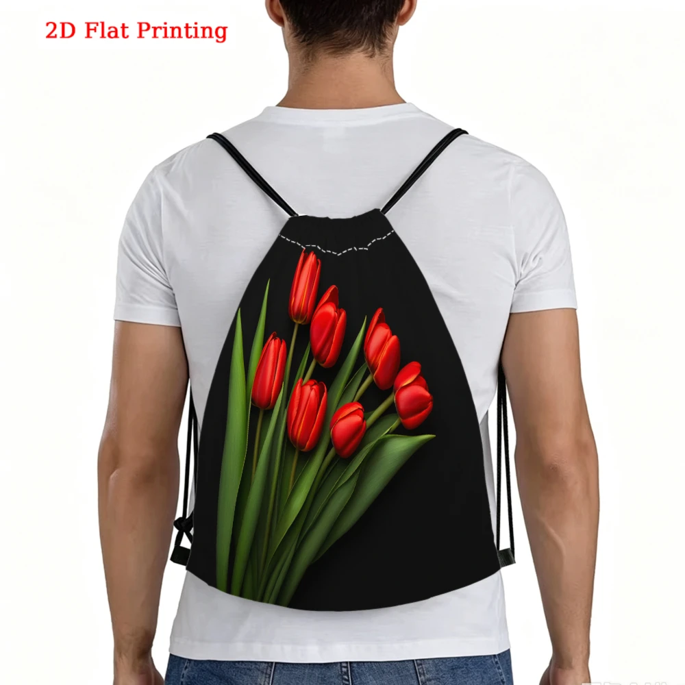 Fashionable, Drawstring Backpack, 2D Flat Printing Red Tulips Pattern, Fitness Sports Backpack, Outdoor Travel Drawstring Bag
