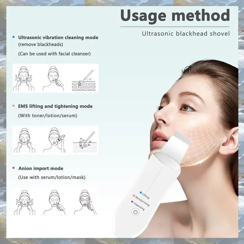 جهاز تجميل لتنظيف بشرة الوجه بالموجات فوق الصوتية، تنظيف عميق للوجه، مجرفة تقشير، جهاز العناية بالبشرة