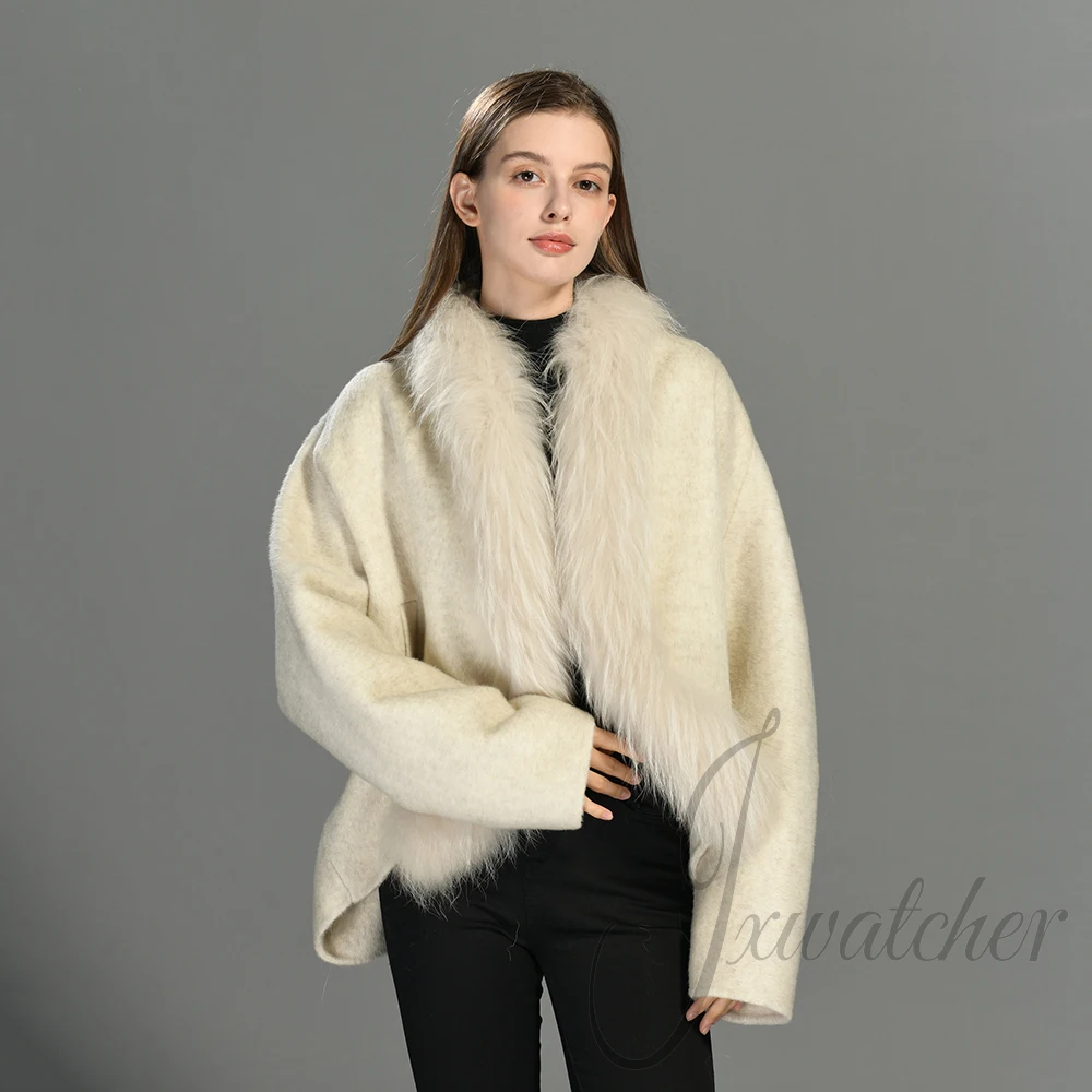 Jxwatcher Women's Wool Coat with Luxury Real Racoon Fur Ladies Casual New Design Winter Coats Natural Fur Short Woolen Jackets