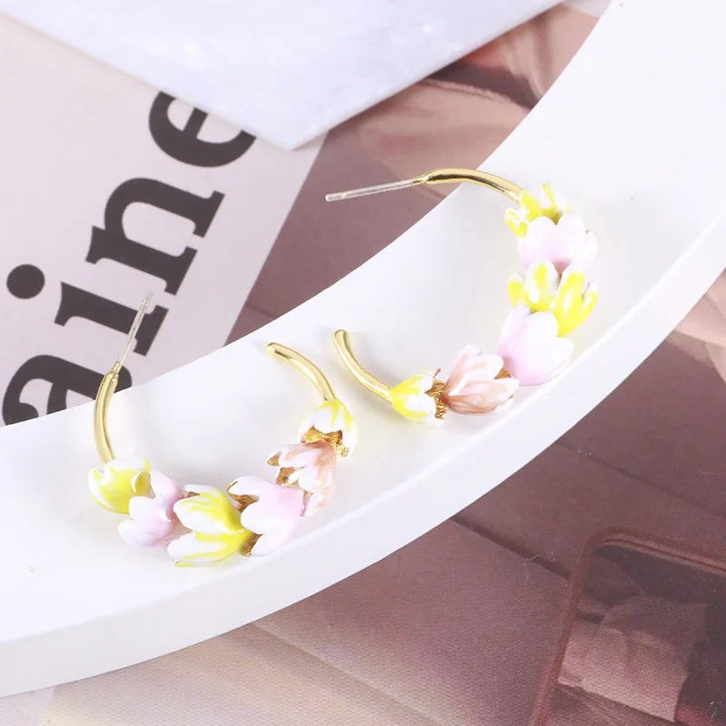 Fashion Bohemia Style Very Gentle Jewelry Handmade Enamel Saffron C-shaped Hoop Flower String Hoop Hoops for Fairy Earrings Girl