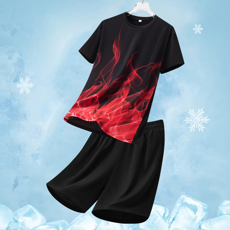 

2026 Summer Ice Silk Quick Dry Sports Sets Men Fire Gradient Printed Short Sleeved Tshirt Shorts for Men's Women's Running Sets