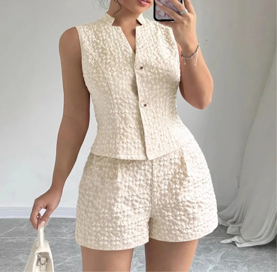 

Women Jacquard Elegant Fashion Shorts Set Solid Color Sleeveless Vest+short Pants Female Two Pieces Set Street