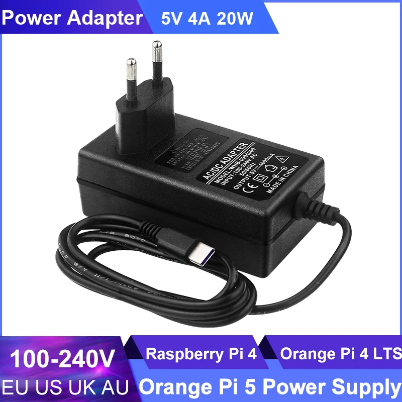 5V 4A  Raspberry Pi 4 Power Supply Type C AC DC Adapter Input 100-240V EU US UK AU Applicable for Orange Pi 5 / 4 LTS / 3 LTS