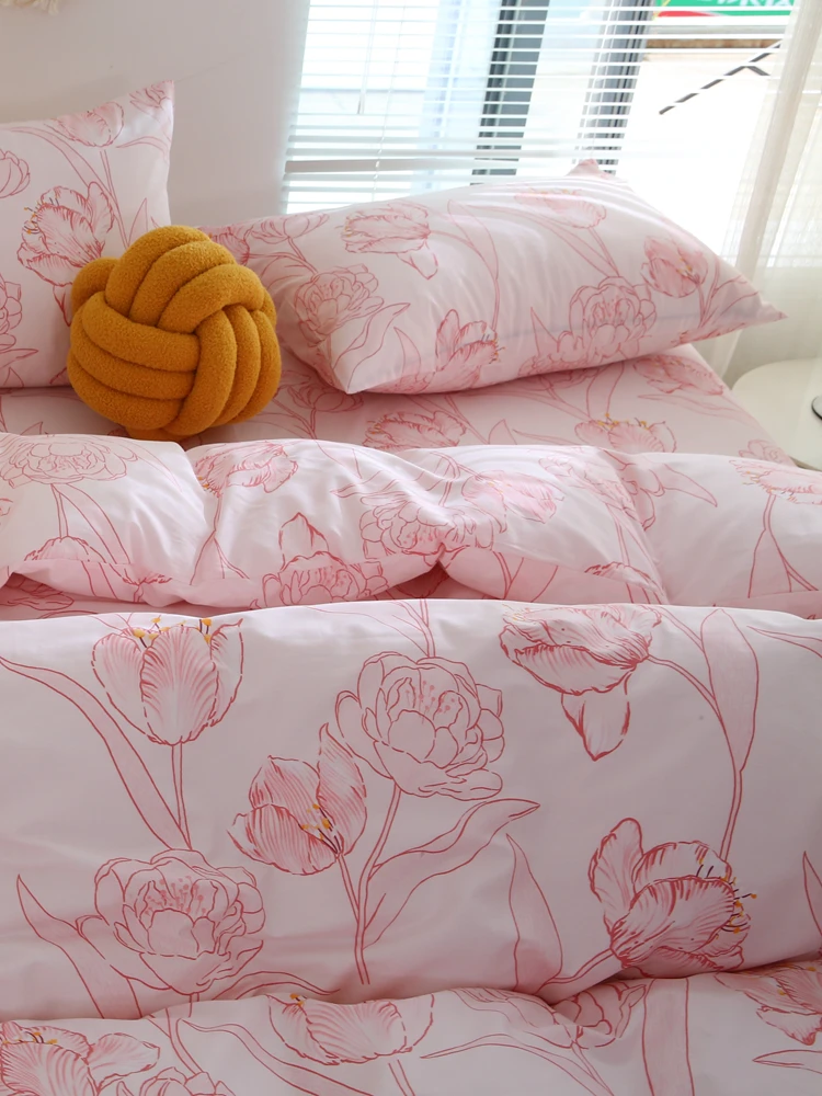 

Новый комплект постельного белья 2024 года: розовая простыня из 100% чистого хлопка с улучшенным диагональным узором и крупными цветами в художественном стиле