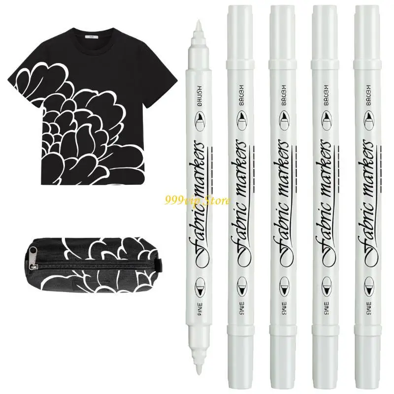 

C90C 5PCS Textile Pens with Double Tip Fine & Broad Nibs Quick Dry for Custom Apparel Home Decors and Creative Project