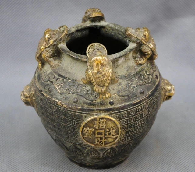 

4-дюймовая китайская резная банка, жаба, льва, благоприятная бронзовая статуя