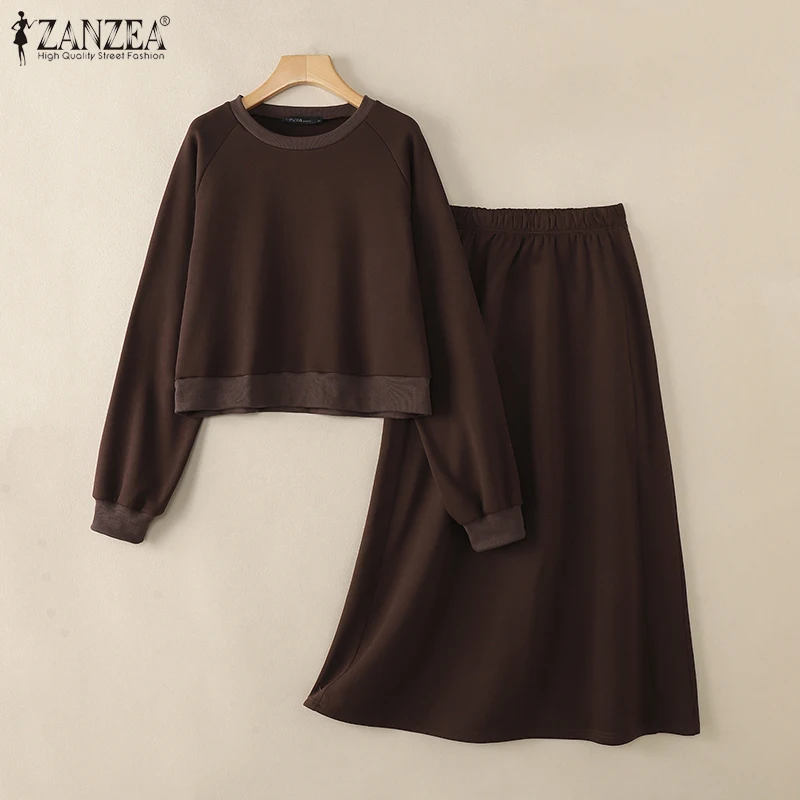 ชุดเซ็ตแฟชั่นผู้หญิง ZANZEA 2026 ชุดลำลอง 2 ชิ้น เสื้อแขนยาวและกระโปรงยาวเอวสูง ชุดลำลองสีพื้นแบบหลวม
