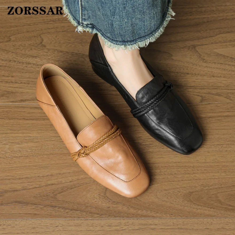 

Woman Loafers Flats 2026 New Spring Square Toe One Foot Slip-on Shoes Women Genuine Leather Soft Flats Shoes Women