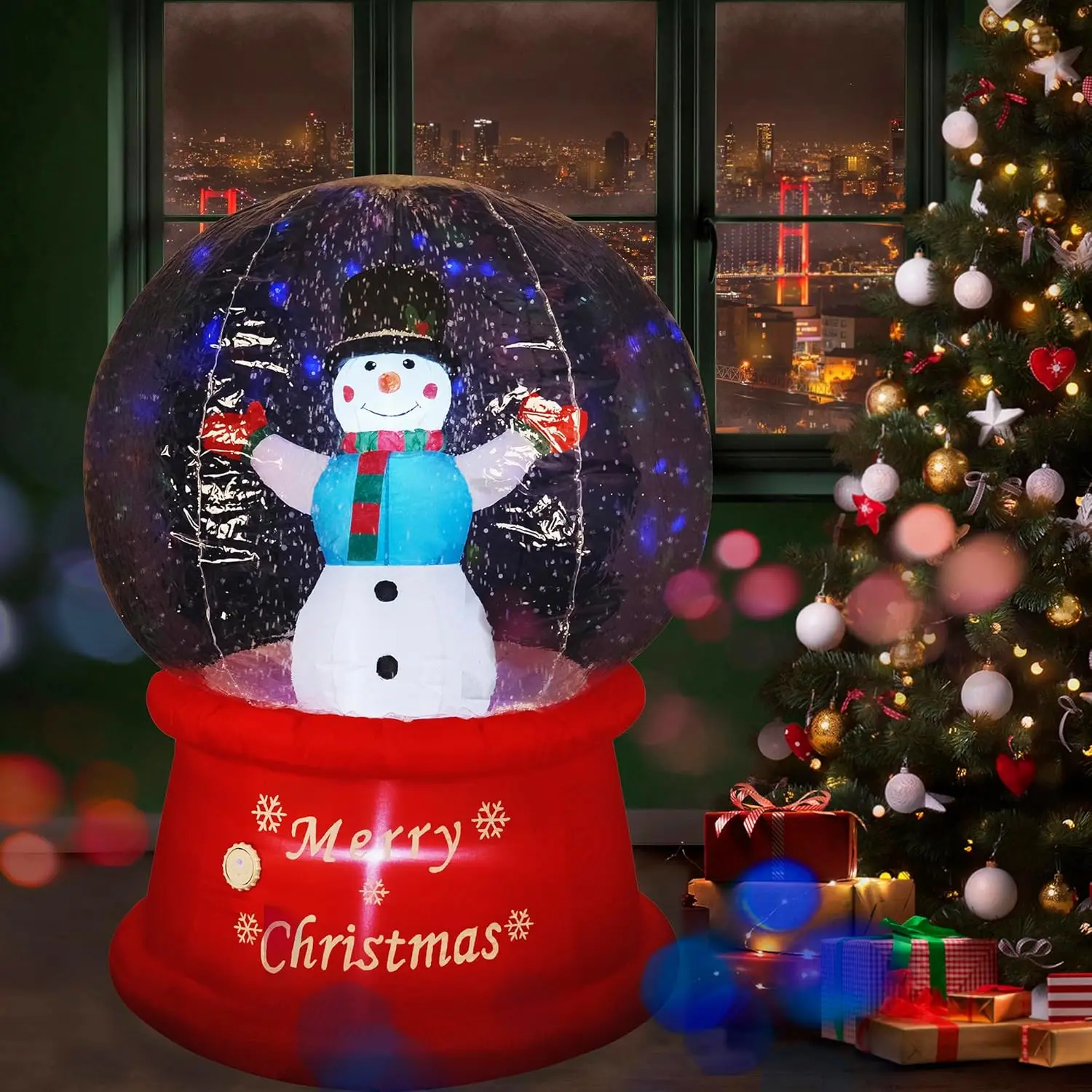 Boule à neige gonflable avec musique, bonhomme de neige, souffleur d'air, lumière LED lumineuse, extérieur de vacances, 6 pieds