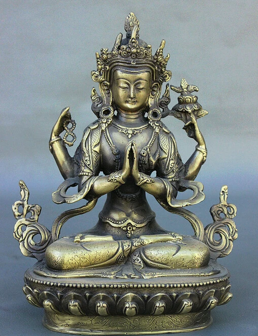 

bronze Decoration Pure Brass Good value Lucky 9" Tibet Buddhism Bronze 4 Arms Chenrezig Avalokiteshvara Kwan-yin Buddha Statue