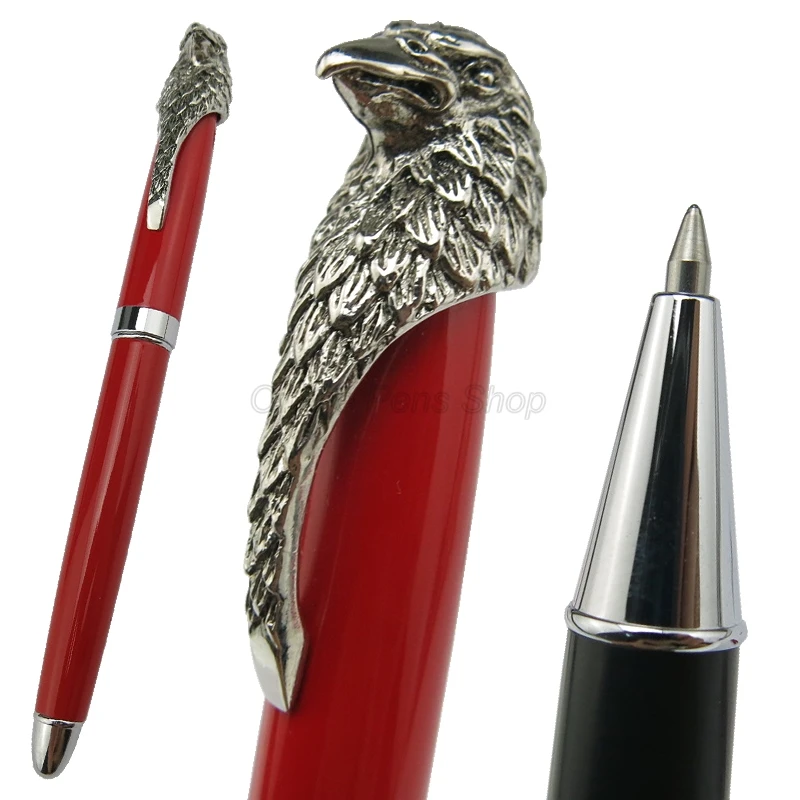 Fuliwen Metal Red Barrel Owl Eagle Head Clip Roller Ball Ballpoint Pen Silver Trim Writing GiftPen