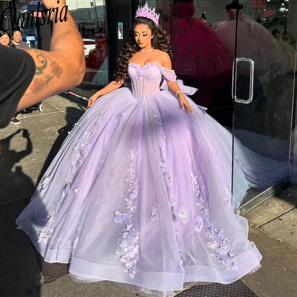 Vestido De quinceañera lila brillante con escote en forma De corazón, hombros descubiertos, lentejuelas, lazo De encaje, cuentas, tren De barrido, dulce 15 años, batas De velada