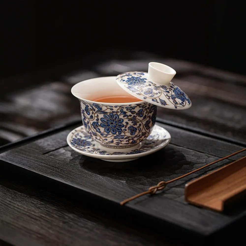 Blue and White Porcelain Sancai Gaiwan Tea Cup Single Household Imitation Enamel Colored Bulb Bowl High-End Hover Kung Fu Set
