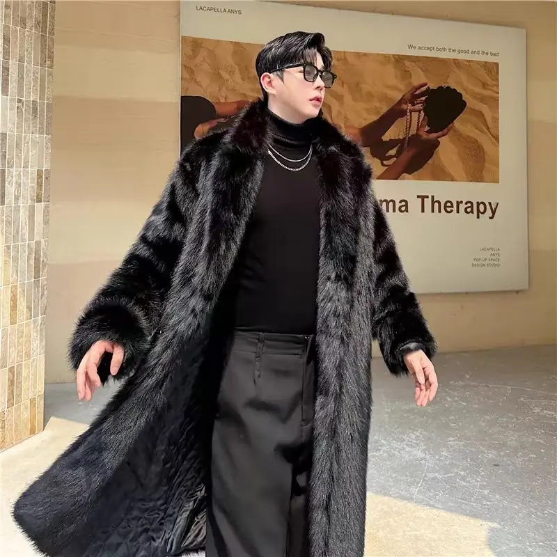 Black Faux Fur Long Coat Men Winter Thick Warm Jacket
