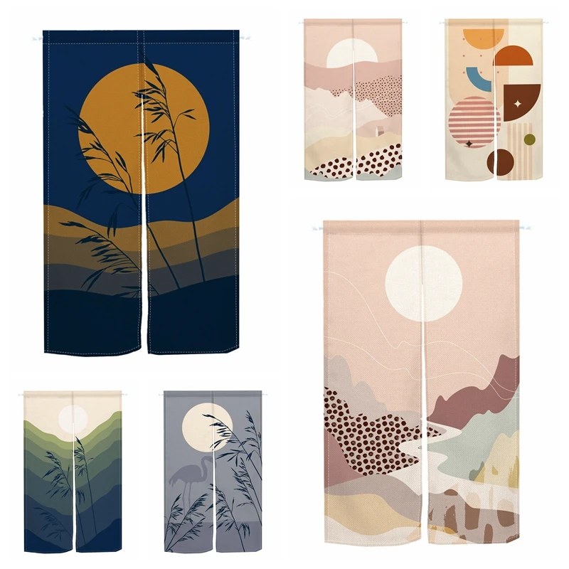 

Abstract Landscape Print Door Curtains Sun Moon Linen Minimalist Partition Curtains Kitchen Bedroom Split Hanging Half Curtains