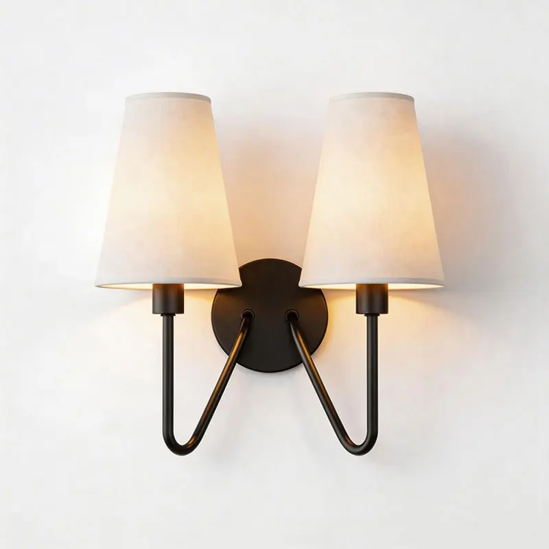 

American Wall Lamp With Double-Head Iron Fabric Cover European Style Living Room Hotel Room Aisle Bedroom Bedside Wall Lights ﻿