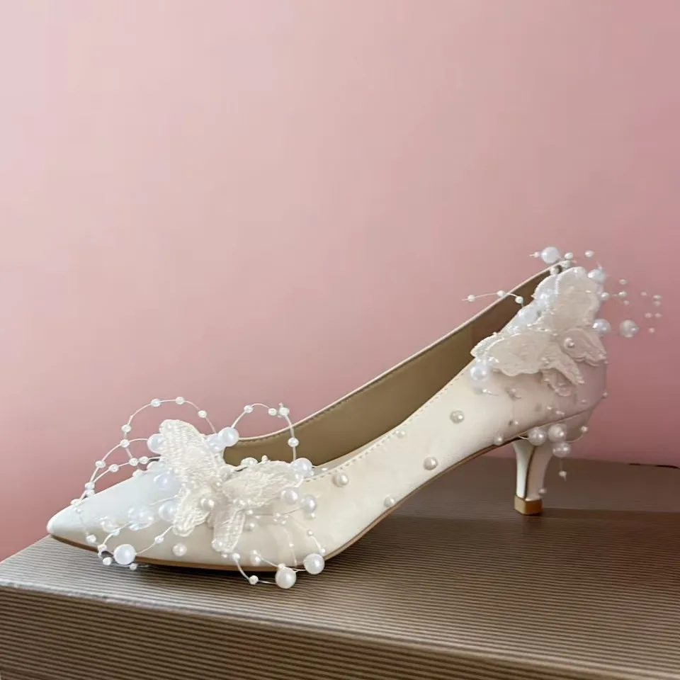 Women's Ivory Satin Pointed Toe Kitten Heel Pumps Butterfly Pearl Embellishments for Weddings Bridal Events Romantic Elegant
