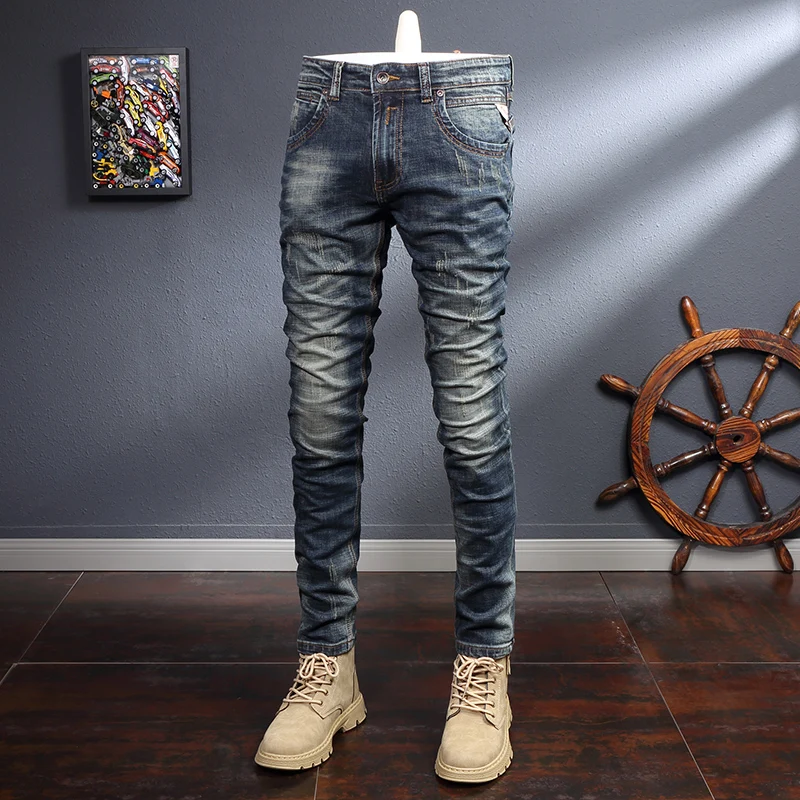 

Fashion Designer Men Jeans Retro Dark Blue Stretch Elastic Slim Fit Ripped Jeans Men Italian Style Vintage Denim Pants Hombre