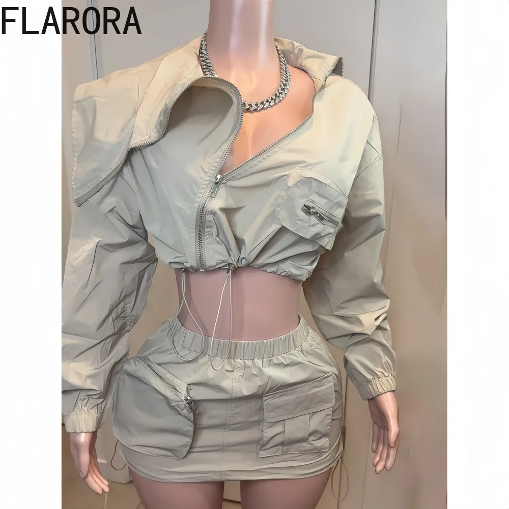 

FLARORA Fashion Irregular 2Pcs Sets Woman Long Sleeve Slim Zip Pocket Crop Tops And Mini Skirts Outfits Y2k Street Tracksuits