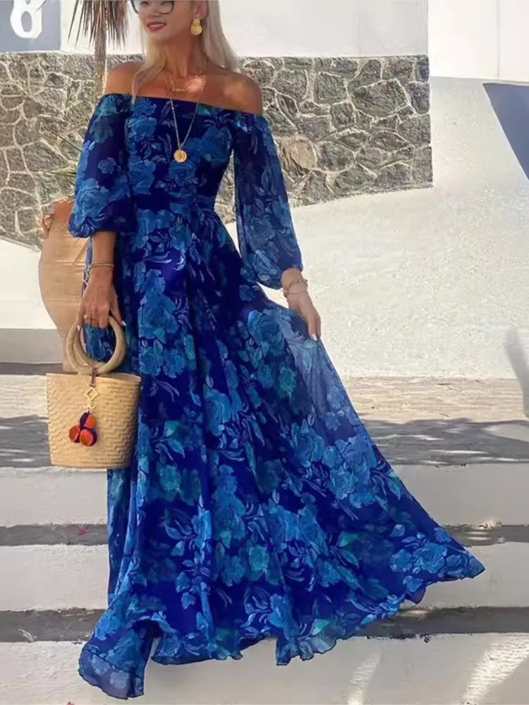 

Woman Fashion Blue Printed Dress Summer Sexy One-line Collar Three-quarter Sleeves Loose Dresses Ladies Super Large Hem Vestidos