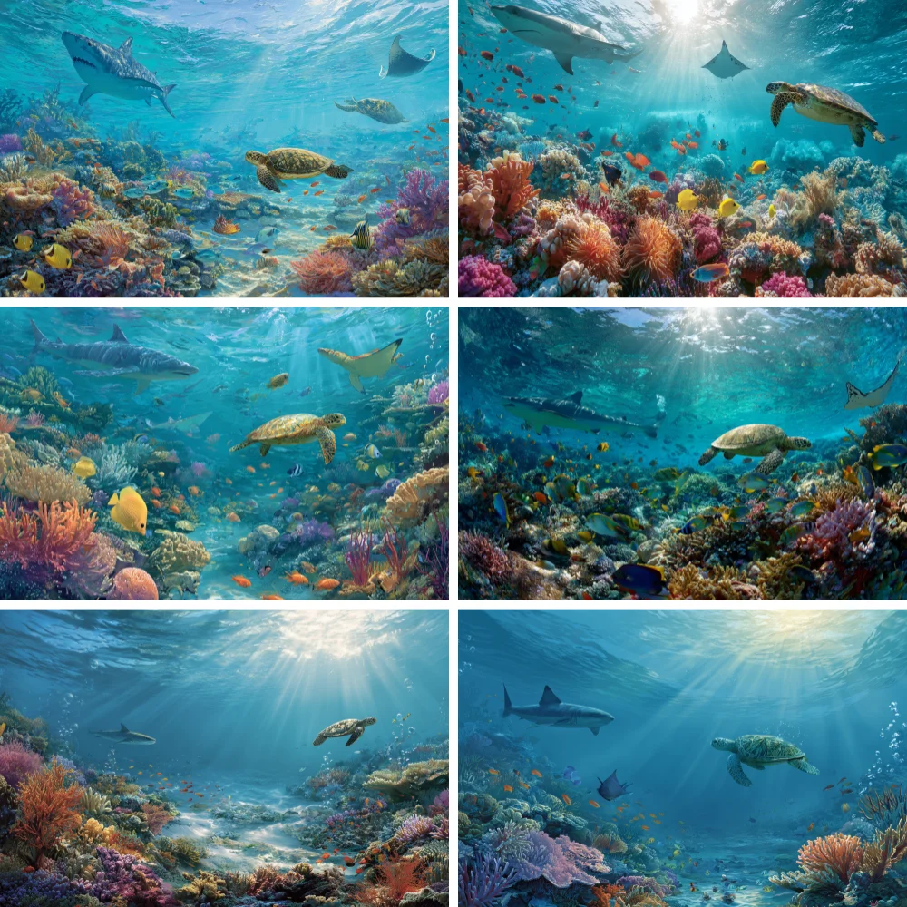 Underwater World Photography Backdrops Ocean Under The Sea Aquarium Coral Fish Turtle Baby Portrait Background Photo Studio