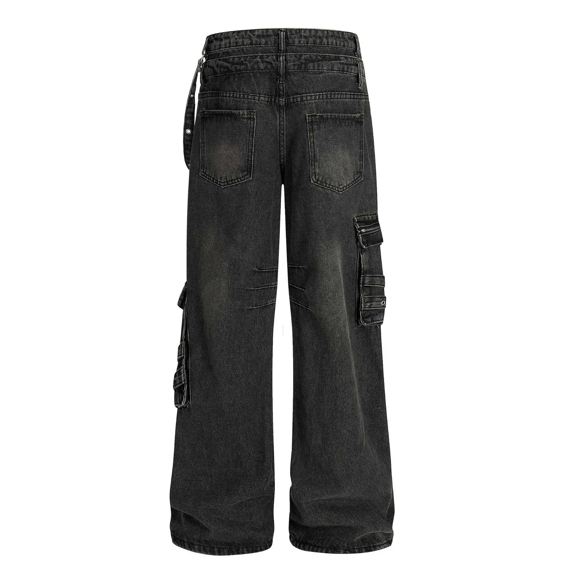 MWJLPWQ Double Button Waist Cargo Jeans Multi Zipper Rivet Flap Pockets Washed Wide Leg Unisex Y2k Street Denim Trousers 17116