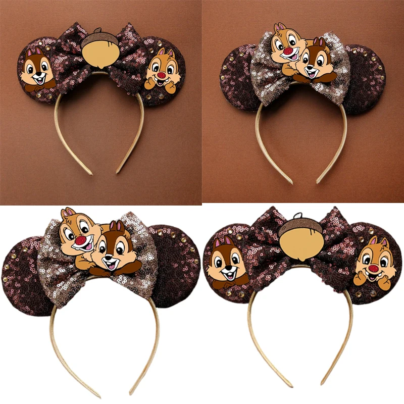 Chip n Dale Ears Disney Headband for Girls Kids Sequins Bow Hairbands Mickey Mouse Ears Headbands Women Party Hair Accessories